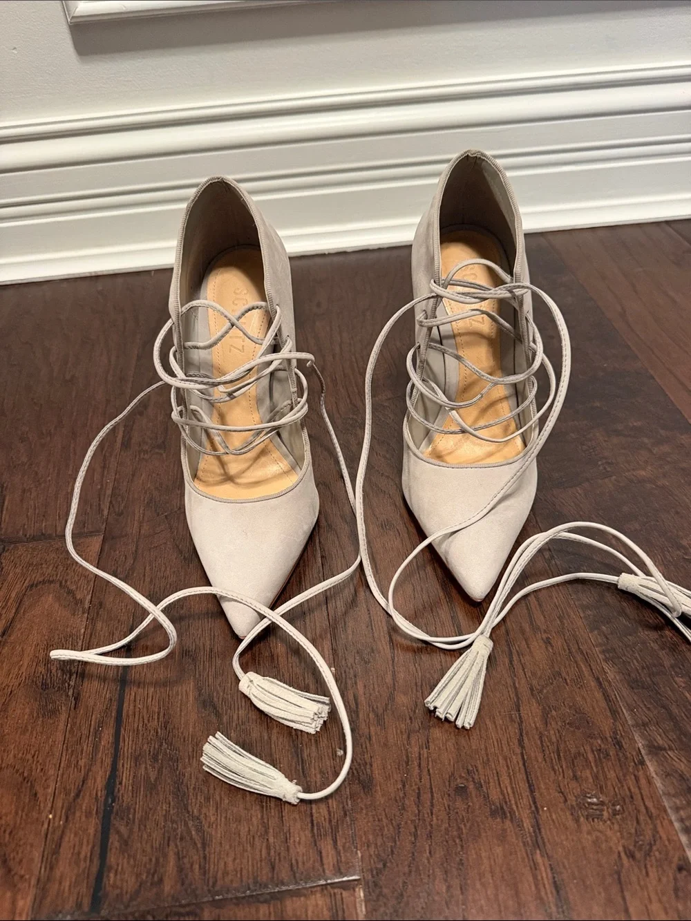 SCHUTZ Lace-Up Pointed Heels in Light Beige